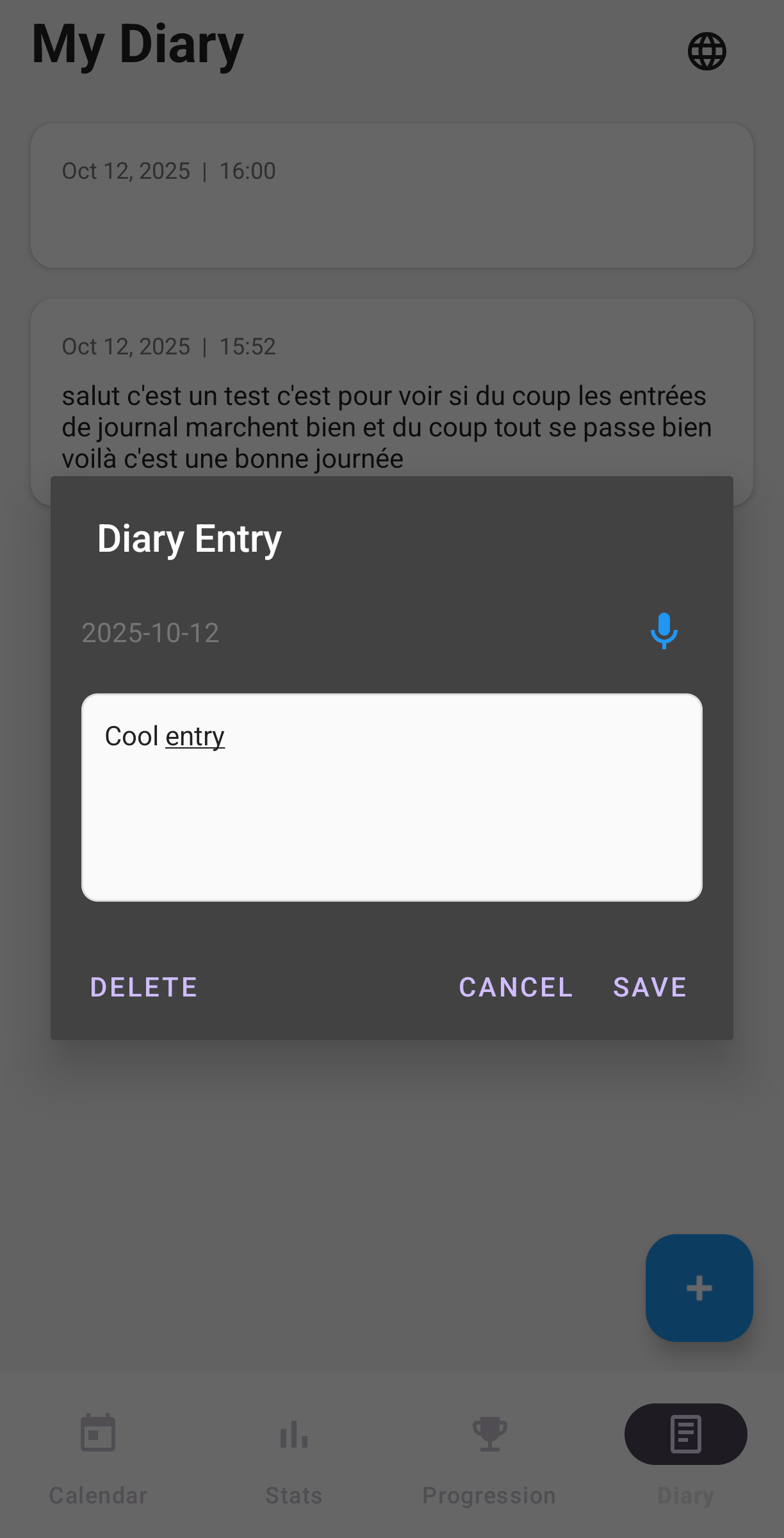 Diary entry form with speech-to-text