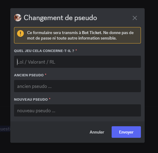Creation ticket form